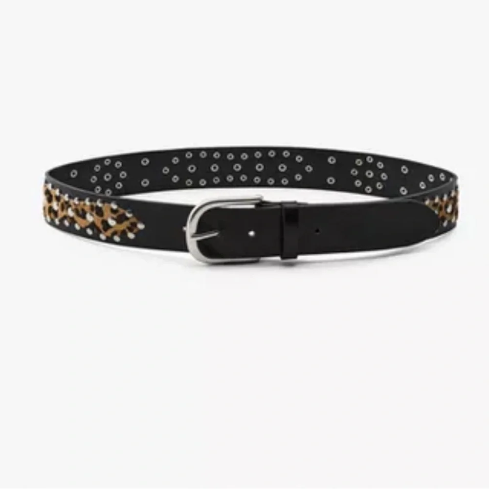 NWT. Zara Black Leather Animal Print Studded Belt. Size 32.